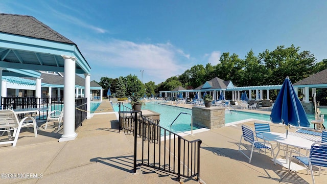 community pool with a patio area