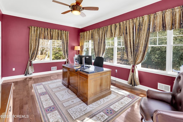 office space featuring a ceiling fan, visible vents, baseboards, and wood finished floors