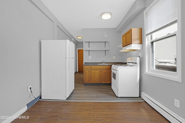 kitchen featuring under cabinet range hood, a baseboard heating unit, white appliances, a sink, and open shelves