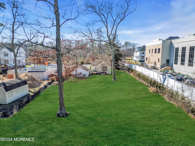 view of yard featuring fence and a residential view