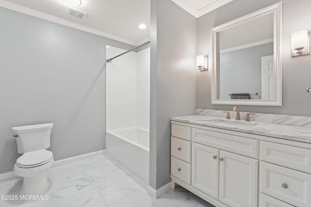 bathroom featuring marble finish floor, baseboards, visible vents, and ornamental molding