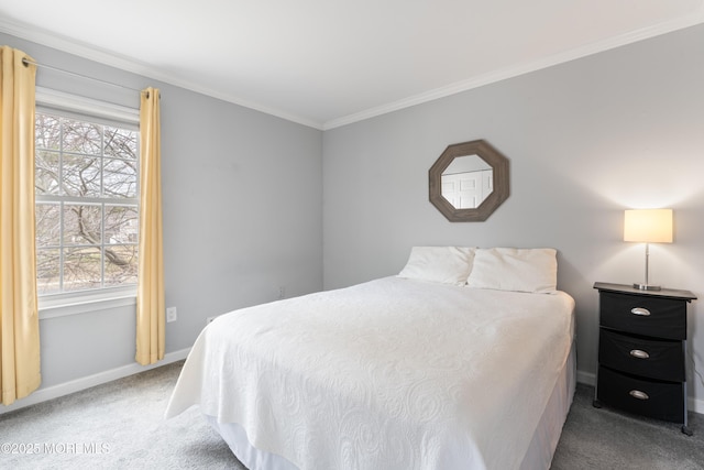 carpeted bedroom with baseboards and ornamental molding