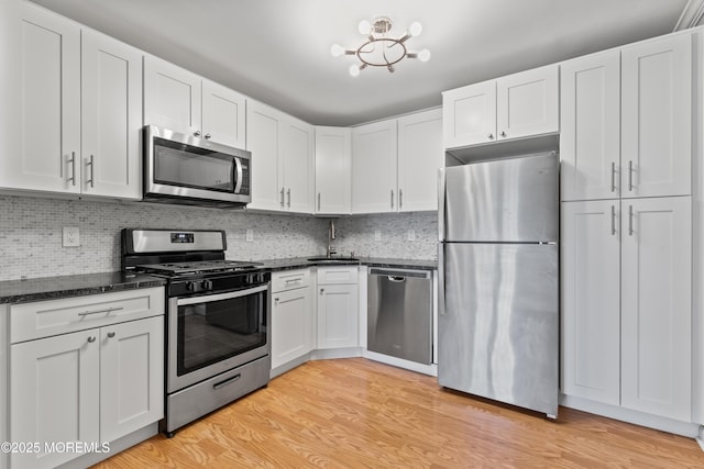 kitchen with white cabinets, light wood-style floors, stainless steel appliances, and backsplash