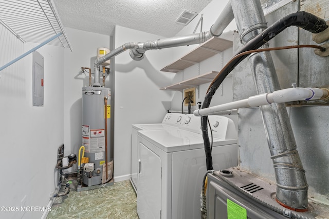 laundry room with laundry area, electric panel, washing machine and clothes dryer, a textured ceiling, and gas water heater