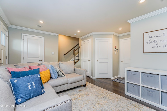 living room with ornamental molding, stairway, dark wood-style flooring, and recessed lighting