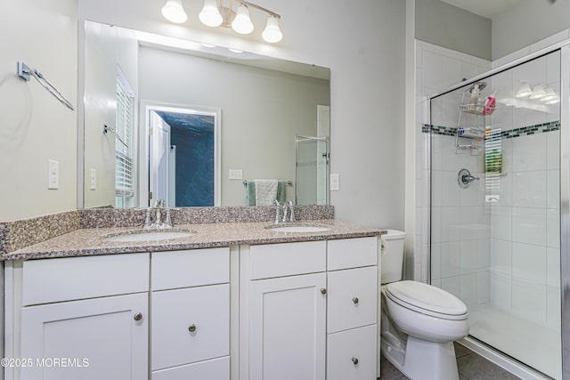 full bath featuring toilet, a stall shower, and a sink