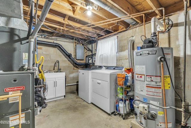 unfinished below grade area featuring washing machine and clothes dryer, gas water heater, electric panel, heating unit, and a sink