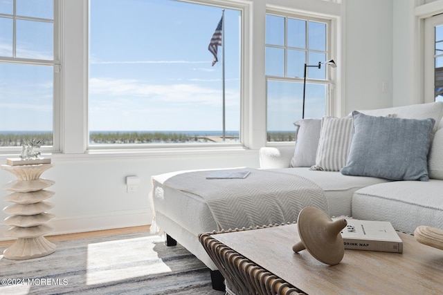 bedroom with a water view, baseboards, and wood finished floors