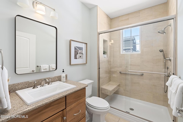 full bathroom with toilet, a shower stall, and vanity