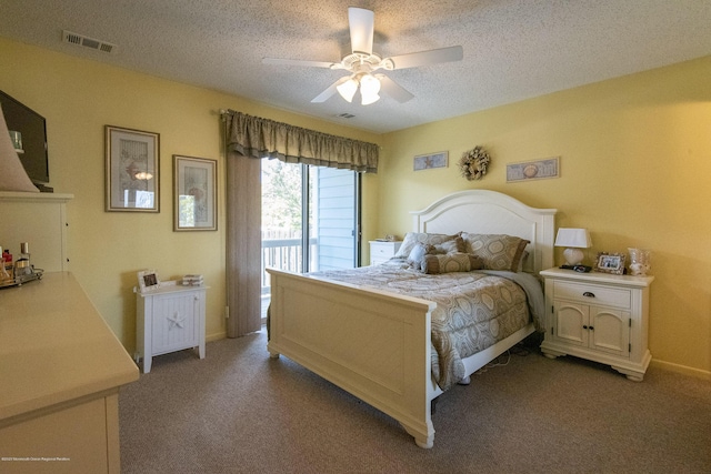 carpeted bedroom with ceiling fan, access to exterior, visible vents, and a textured ceiling