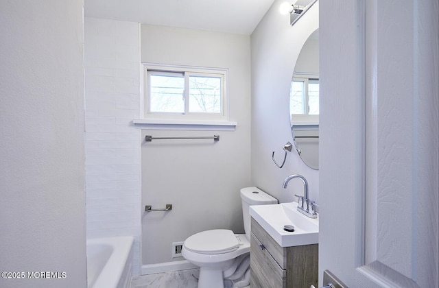 full bathroom with marble finish floor, vanity, toilet, and baseboards