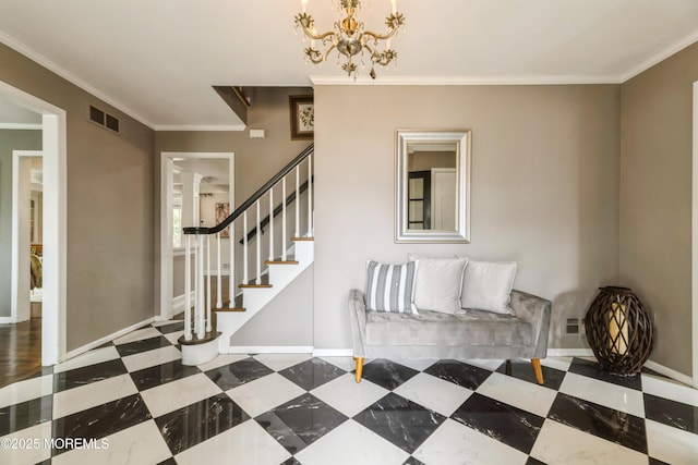 foyer with baseboards, visible vents, ornamental molding, stairs, and tile patterned floors