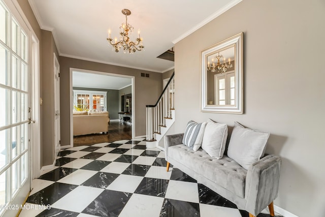 entryway featuring tile patterned floors, ornamental molding, stairway, an inviting chandelier, and baseboards