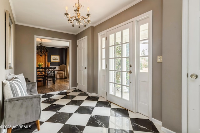 entryway with tile patterned floors, baseboards, an inviting chandelier, and crown molding