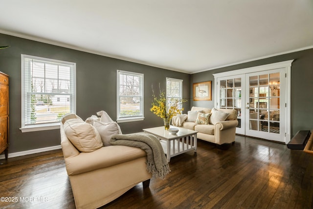 living room with french doors, baseboards, dark wood finished floors, and crown molding