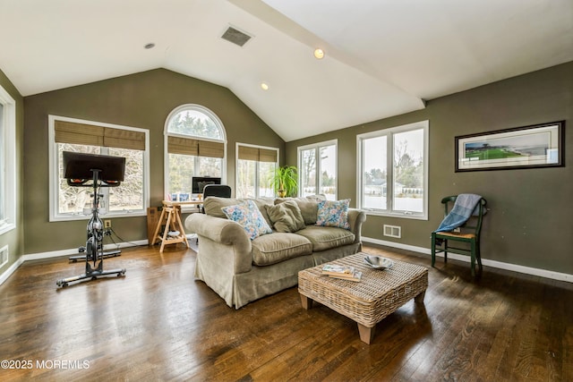 living room with visible vents, lofted ceiling, baseboards, and dark wood-style floors