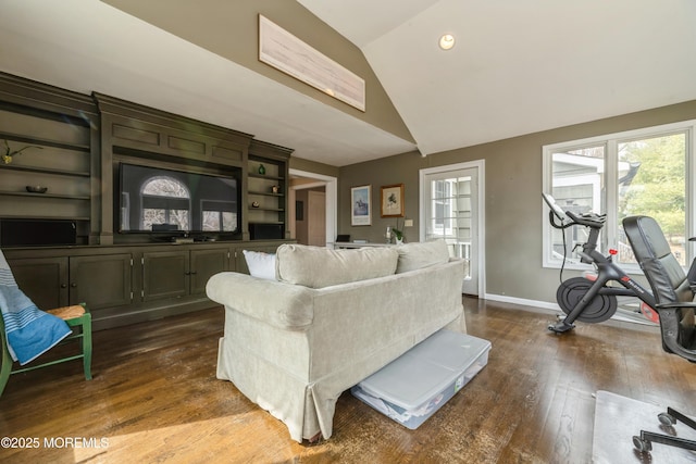 living room with dark wood finished floors, lofted ceiling, recessed lighting, and baseboards