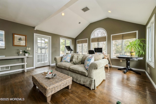 living area with wood finished floors, visible vents, baseboards, recessed lighting, and vaulted ceiling