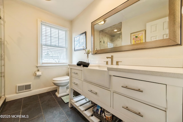 full bathroom featuring visible vents, toilet, a stall shower, tile patterned flooring, and vanity