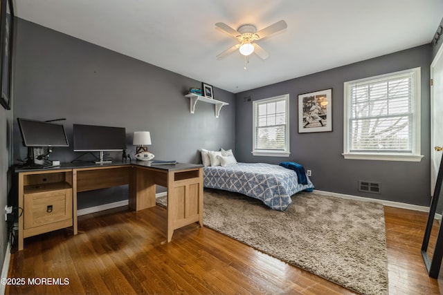 bedroom featuring visible vents, baseboards, and dark wood-style flooring