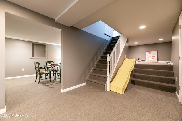 interior space featuring carpet flooring, recessed lighting, and baseboards