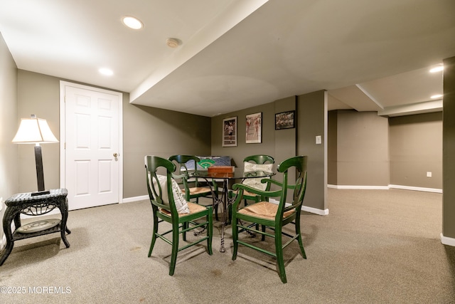 dining space with recessed lighting, baseboards, and carpet