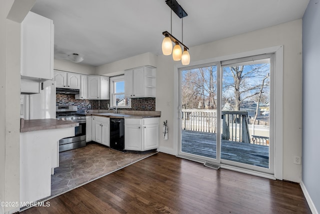 kitchen with black dishwasher, stainless steel range with gas cooktop, white cabinetry, and dark wood-style floors