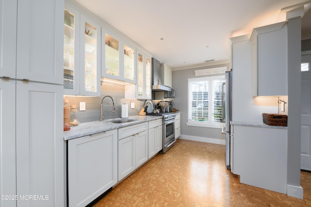 kitchen featuring wall chimney range hood, white cabinets, appliances with stainless steel finishes, and a sink