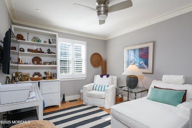 bedroom with visible vents, a ceiling fan, and baseboards