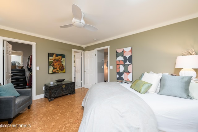 bedroom featuring ceiling fan and crown molding