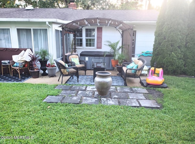 view of patio / terrace with an outdoor living space with a fire pit, a pergola, and a hot tub