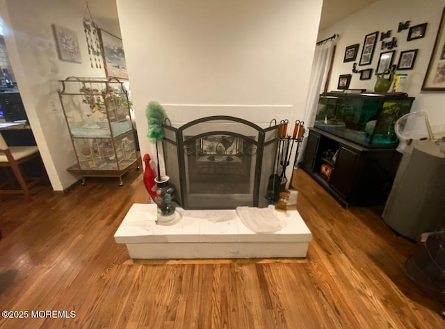 room details with a tile fireplace and wood finished floors