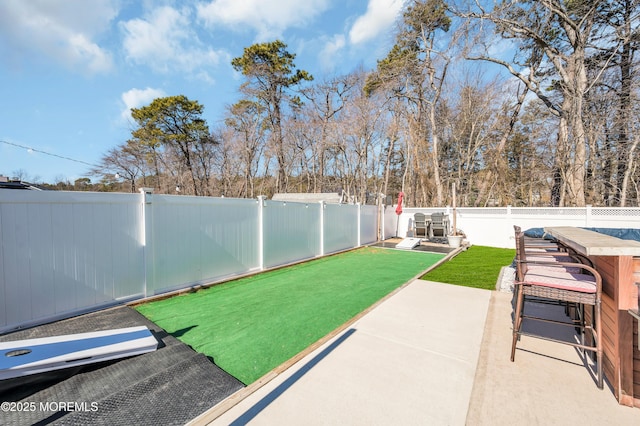 view of yard featuring a patio and a fenced backyard