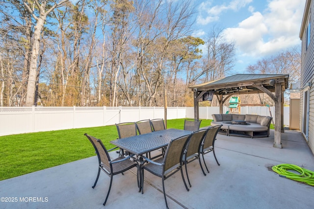 view of patio featuring outdoor dining area, a fenced backyard, and an outdoor living space