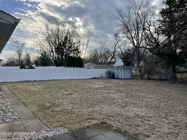 view of yard with a storage shed, a fenced backyard, and an outdoor structure