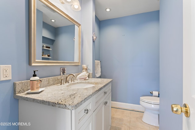 half bathroom featuring vanity, tile patterned flooring, toilet, and baseboards