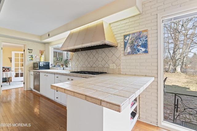 kitchen with tile countertops, stainless steel appliances, premium range hood, and light wood-style flooring