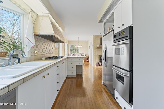 kitchen featuring a sink, light countertops, appliances with stainless steel finishes, custom exhaust hood, and hardwood / wood-style floors