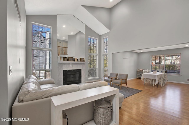 living area with baseboards, a premium fireplace, high vaulted ceiling, and wood finished floors