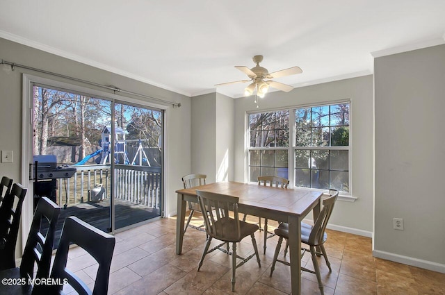 dining area with ceiling fan, ornamental molding, and baseboards