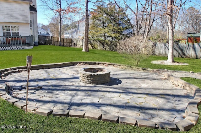 view of patio / terrace featuring an outdoor fire pit and a fenced backyard