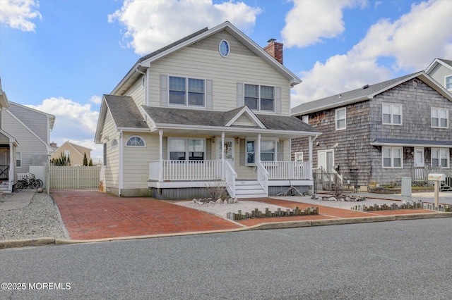 view of front of house with covered porch, roof with shingles, a chimney, and fence