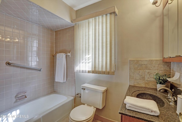 bathroom with toilet, bathing tub / shower combination, backsplash, and vanity