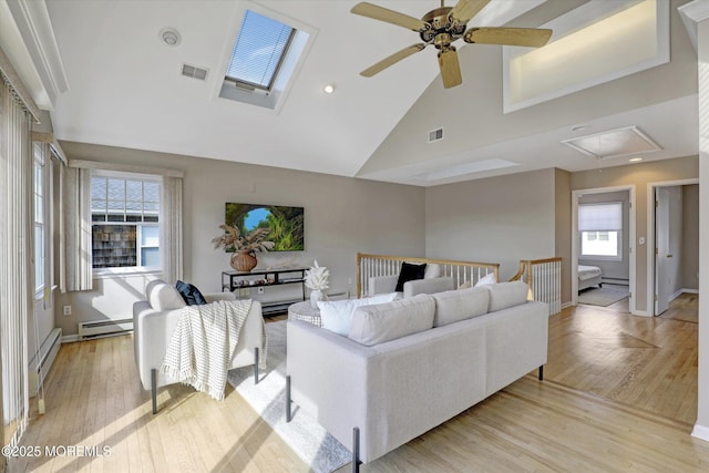 living area featuring visible vents, a baseboard heating unit, light wood-style flooring, and attic access