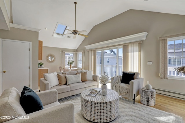 living area with a baseboard heating unit, light wood finished floors, a skylight, and plenty of natural light