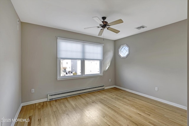 empty room featuring a baseboard radiator, visible vents, light wood-style flooring, and baseboards