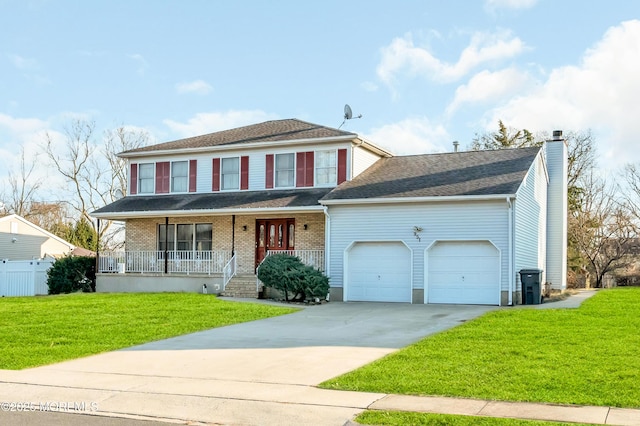 view of front of house featuring a front lawn, covered porch, a chimney, and an attached garage