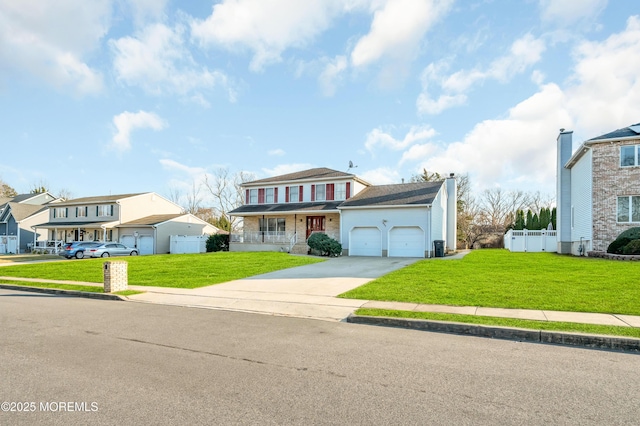 traditional-style house featuring a garage, a residential view, concrete driveway, and a front yard