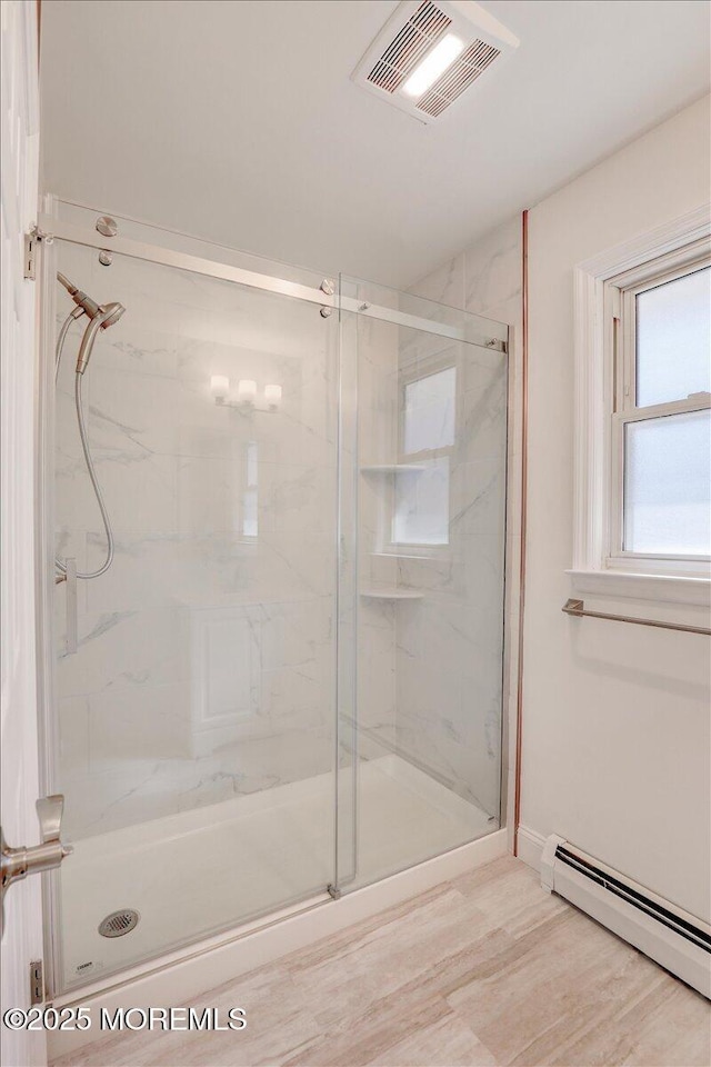 16 Mount Kisco Dr, Toms River, NJ 08753 - full bath featuring baseboard heating, a marble finish shower, and wood finished floors