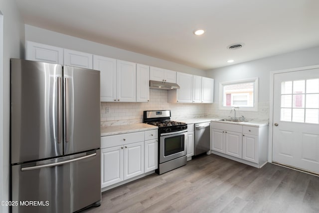 kitchen with tasteful backsplash, light wood-style flooring, appliances with stainless steel finishes, a sink, and under cabinet range hood